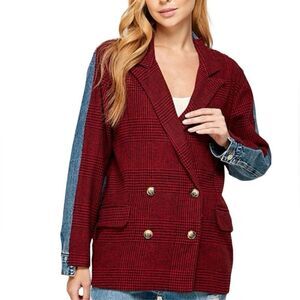 SIGNATURE8 TWEED & Denim JACKET Red & Black Plaid Size Small Oversized Fit